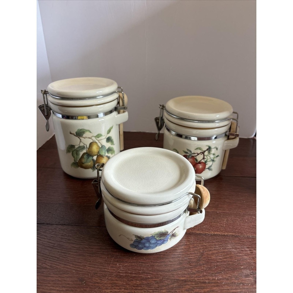 Vintage Ceramic Food Canister Set Pears Apples Grapes With Wooden Spoons
